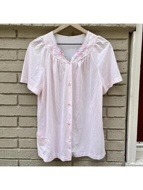 Shadowline Sleep Shirt Rose Embroidered Neckline Button Nightie Silky Soft